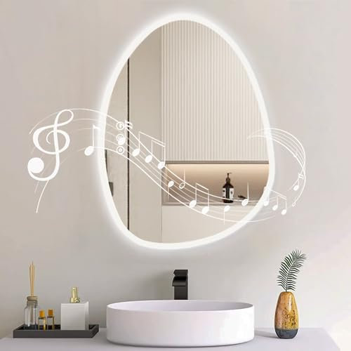 Habison Miroir de Salle de Bain avec éclairage, 50 x 68 cm, avec Bluetooth, Interrupteur Tactile, 3 Couleurs de lumière, intensité Variable, Anti-buée, Fonction mémoire, Miroir Rond asymétrique