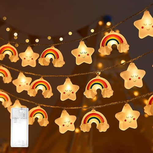cailiya Guirlande Lumineuse à LED,avec 20 LED,3M,Forme Étoile Forme Arc-en-Ciel,à Piles,pour Noël,Chambre d'enfant,Fête, Jardin,Mariage Décoration (Blanc chaud (étoiles + arc-en-ciel))