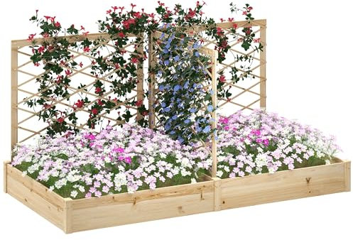 Outsunny Jardinière avec 3 Treillis modulable, lit surélevé de Jardin, jardinière extérieure, bac à Fleurs en Bois pour Balcon terrasse Patio, 222 x 114 x 109 cm, Effet Bois Naturel