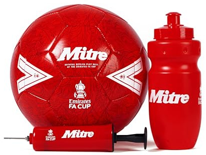 Mitre Emirates FA Cup Official Football Gift Set | Size 4 Red Football, Mini Pump & 500ml Water Bottle | Training Ball for Kids & Football Fans Set Box, Red/White, 4 UK