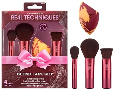 Real Techniques Blend + Jet Set 4-Piece Set, Mini Makeup Brush Kit with Miracle Complexion Sponge, Travel-Ready Tools for Cream, Liquid, Powder, Flawless Application, Vegan & Cruelty-Free