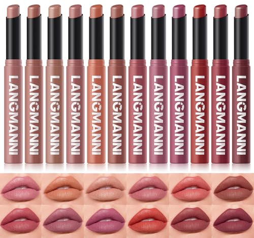 LANGMANNI 12 Farben Samt-Matte Lippenstift Set | Natürliche bis Intensive Nuancen • Hochpigmentiert & Nicht Austrocknend • Cremige Lippenstifte mit Schräger Spitze in Premium-Geschenkbox für Frauen