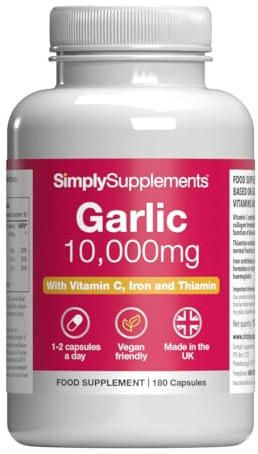 High-Strength Garlic Capsules | Supports Heart, Normal Blood Circulation & Immune Health | with Vitamin C, Iron & Thiamine | Vegan Friendly | 180 Capsules = 3 Months’ Supply | UK Made