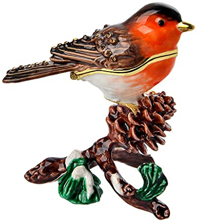 FJ FENGZHIJIE Golden Crystal Enameled Robin Jewelry Box, Hand-Painted Hinged European Robin Trinket Box, Elegant Home Décor & Unique Gift for Bird Lovers