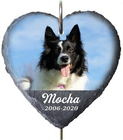 EDSG Personalized Pet Memorial Stone Plaque with Hook Stake, Custom Pet Memorial Gifts with Photo, Dog Memorial Grave Stone for Outdoor Garden, Loss of Dog Cat Sympathy Gift (Heart Shape-L, Design 5)