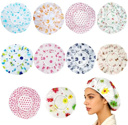 Heqxwl Duschhauben Damen 10 Stück – Wasserdichte PE Shower Caps, Wiederverwendbare Badehauben für Frauen & Kinder, Elastische Duschkappe für Bad, SPA, Haarpflege, Reisen