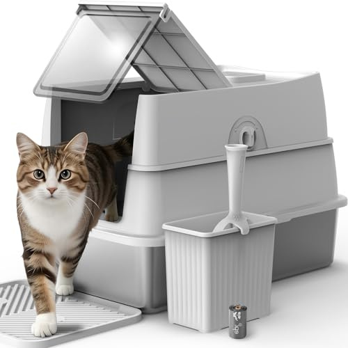 Stainless Steel Litter Box with Lid | XL Enclosed Metal Cat Litter Boxes with High Sided for Big Cats| Odor Control | 100% Anti-Urine Leakage | Non-Stick Bottom & Includes Litter Mat & Scoop Set