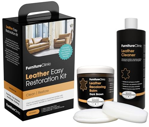 Furniture Clinic Easy Leather Restoration Kit (Dark Brown) | Includes Recolouring Balm, Ultra Clean, Sponge & Cloth for Furniture, Car Seats, Shoes & Bags