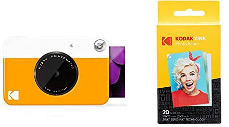 Kodak Printomatic Digital Instant Print Camera - Full Color Prints On ZINK 2 x 3 Inch Sticky-Backed Photo Paper (Yellow) Print Memories Instantly & Zink Photo Paper - Pack of 20
