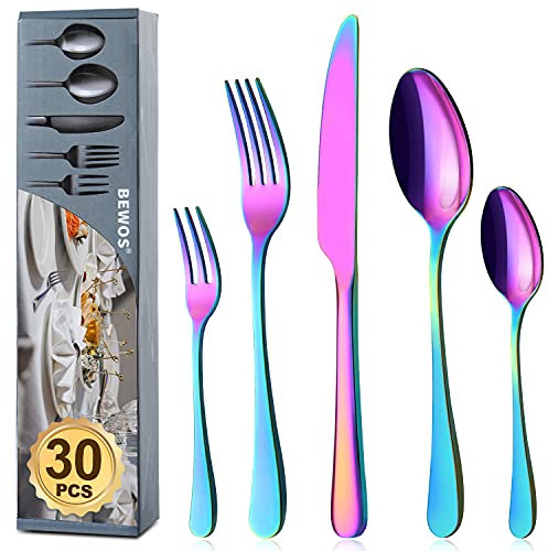 BEWOS Regenbogen Besteck Set für 6 Personen, 30 teilig Bunte Essbesteck Set inkl. Messer, Gabel, Löffel, Besteck Edelstahl Spiegelpoliert, Spülmaschinenfest