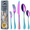 BEWOS Regenbogen Besteck Set für 6 Personen, 30 teilig Bunte Essbesteck Set inkl. Messer, Gabel, Löffel, Besteck Edelstahl Spiegelpoliert, Spülmaschinenfest