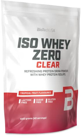 BioTechUSA Iso Whey Zero Clear bebida en polvo, Refrescante, Sin Azúcar, Sin Lactosa, Sin Gluten, 5 Sabores Frutales, 88 kcal, 21g Proteína, BCAAs, 1000 g, Frutas tropicales