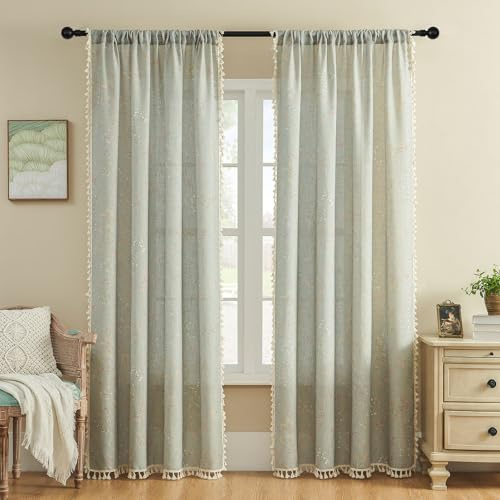 Joydeco Blue Floral Boho Curtains 84 Inch Length 2 Panels, Super Soft Bohemian Farmhouse Curtains with Tassels, Semi Sheer Light Filtering Drapes for Bedroom Living Room (Rod Pocket, 52Wx84L)