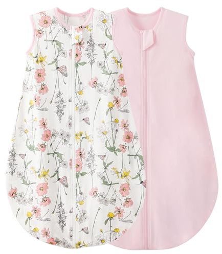 Duomiaomiao Baby Sleeping Bag 2 Pack 0.5 Tog Sleep Sack, Baby Summer Sleeping Bag 100% Cotton Baby Wearable Blanket Unisex Toddler Newborn Sleep Bag 0-6 Months, Flower&Pink