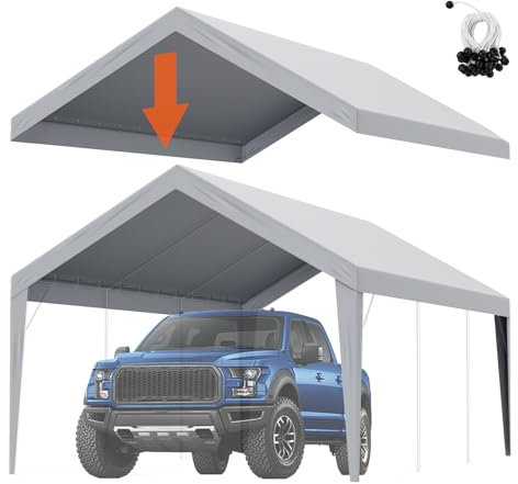 VEVOR Carport Replacement Canopy Cover 12 x 20 ft, Garage Top Tent Shelter Tarp Heavy-Duty Waterproof & UV Protected, Easy Installation with Ball Bungees,Grey (Only Top Cover, Frame Not Include)