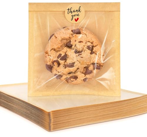 Foranda 100 Pack Cookie Packaging Bags with Seal, 5.7x6.5 Inch Heat Sealable Paper Cookie Sleeves, Grease Resistant To Go Bakery Bags with Window for Bake Sale Brownie, Treat, Donut, Cake Slice, Scone