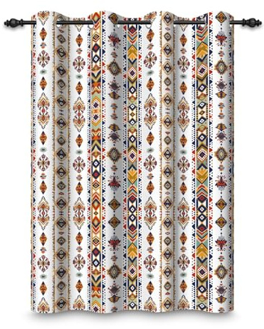 ggaimwf 107x160cm Cortina con Ojales Estilo Bohemio Patchwork Estilo étnico Tribal Clásico Patrón geométrico Estilo Granja Opacas Cortinas para Ventanas Dormitorio Sala de Estar,1 Panel Individual