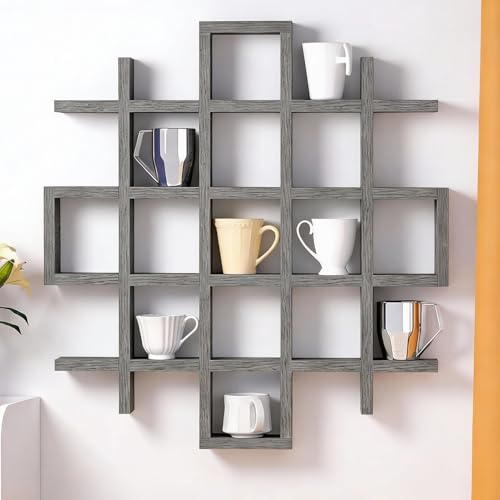Suzile Oversize Coffee Mug Display Rack Wooden Display Shelves Rustic Wooden Floating Curio Shelf Travel Wall Mounted Coffee Mug Rack Holder Shadow Box Shelf (Grid Size 5.1x5.1x3in,Grey)