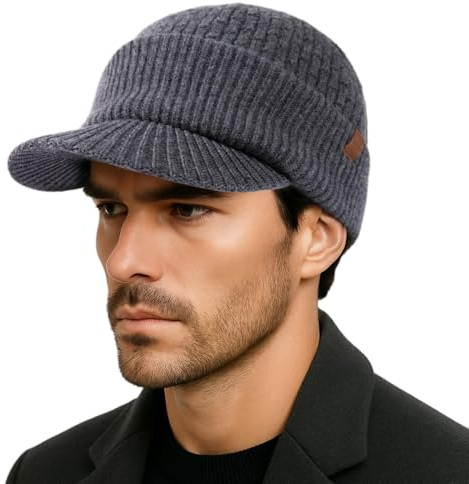 TOP-EX PolarWool - Gorro de lana merino 100 % para hombre y mujer con forro polar, visera térmica de invierno para clima frío, M-XXL, gris, Xl/XXL