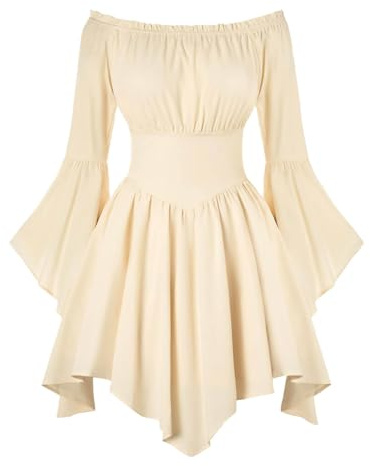 Gefomuofe Mini robe à volants pour femme - Avec manches trompettes - Style gothique - Costume de pirate - Corset - Robe midi - Robe de loisirs, beige, M