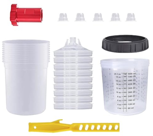 Set med färgblandningskoppar, färgsprutpistoler, set med 10 stycken 600 ml engångssprutpistol målningskoppar, 10 lock med filter, 1 hård kopp med hållare, 1 omrörningsstång, 1 adapter, 5