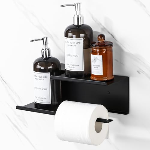 SAYAYO Dérouleur Porte Papier Toilette avec Étagères Spacieuse, Support Porte Papier Toilette Mural avec Tablette sans Perçage en Haute Qualité Aluminium, Montage par Vis/Auto-adhésif, Noir Mat