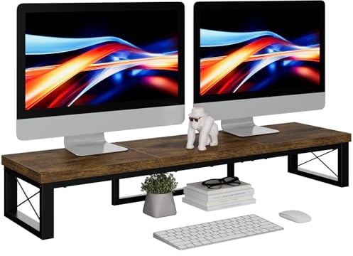 IBUYKE Soporte Doble Monitor Escritorio, 97cm Madera de Elevador Monitor Soporte, Doble Pantalla Oficina de Escritorio, apto para PC, Impresoras, Portátiles y TV, Accesorios Ordenador, Marrón TDJ002H