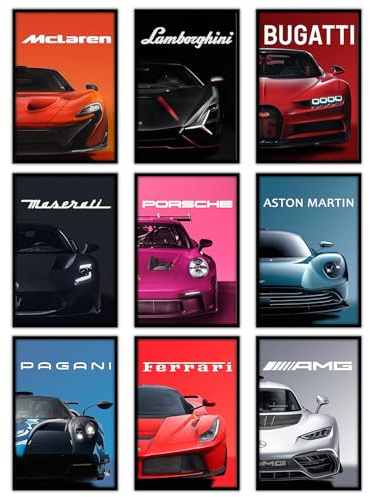 9 Piezas de Póster de Coches SuperCar Póster de Lienzo Arte Impresiones para Paredes Coche de Carreras Coche Deportivo Arte Mural Imágenes de Auto para Oficina, Dormitorio, Salón, Decoración de Garaje