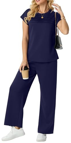GRECERELLE Conjunto completo de dos piezas para mujer, conjunto completo de manga corta, cuello redondo, manga casquillo, parte delantera a juego, pantalones de pierna ancha