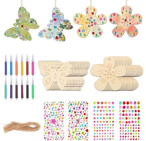 CATZUM Kit di Bricolage per Bambini, 40 Pezzi, Creativo in Legno con Fiori, Penne Acquerello e Adesivi di Pietre Preziose, Lavoretti Artigianali, Farfalle e Crafting DIY Hobby Pittura Giochi