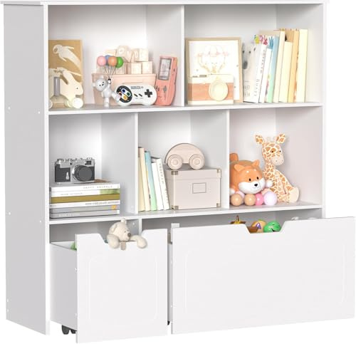 BRINJOY Kinderregal mit 8 Boxen Kinderschrank Holz Bücherregal für Kinder Aufbewahrungsbox mit 2 Beweglichen Schubladen Spielzimmer und Schlafzimmer
