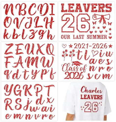 DOORIO 5 Sheets 2026 Leavers Iron on Transfers Class of 2026 Transfer Names Glitter DIY Leavers Shirt Decoration Graduation Transfers for Clothing T-Shirts Backpacks Jerseys Hats (Red)