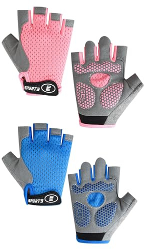 LOZTBUE 2 paires Gant Vélo Enfant – gant vélo enfant,Cyclisme pour 6-13 Ans,Demi Doigt Sport Antidérapants,pour Scooter Patinage à roulettes(Rose/bleu)