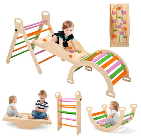 Set de Escalada Educativo 9 en 1 para Niños – Silla Plegable de Madera con Triángulo Estimulación temprana, Arco Balancín, Rampa Reversible y Pinball – Gimnasio Infantil hasta 100kg