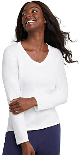 Hanes Women's Originals Long Sleeve Cotton V-Neck T-Shirt, Lightweight V-Neck Tee, Modern Fit