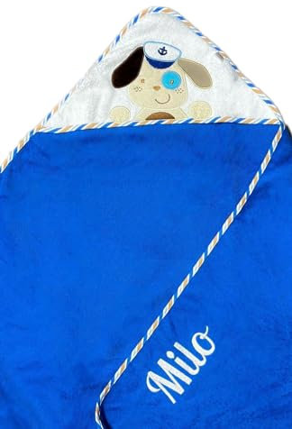 KIDDI-MEDIA Kapuzenhandtuch Bestickt mit Name und Geburtsdatum / 100x100 cm/kuschelig weich / 1A Qualität / 100% Baumwolle (Blau - Hund als SEEMANN)
