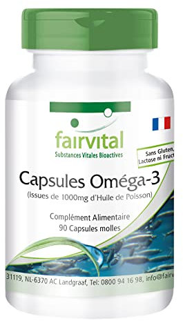 Fairvital | Omega-3 capsules d'huile de poisson 1000mg - 90 capsules - Fortement dosé gélules - 3000mg par dose journalière - avec l'EPA et le DHA