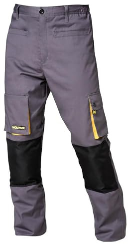 WOLFPACK LINEA PROFESIONAL Pantalones Largos DeTrabajo, Multibolsillos, Resistentes, Rodilla Reforzada, Gris/Amarillo Talla 42/44 M
