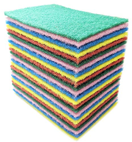 Bundaloo 24 Pack Scouring Pads Scrubbers Set in Red, Yellow, Pink, Green and Blue - Multipurpose, Non Abrasive, Non Scratch - Synthetic Fiber Cleaning and Scouring Scrubs - 6x4 Inches…