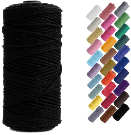 Binwat Macrame Cord Thick Natual Cotton Cord Yarn Macrame Rope Cord Cotton Rope for Wall Hangings, Plant Hangers, DIY Crafts, Home Decorations, Gift Wrapping 3mm x 100m (Black)