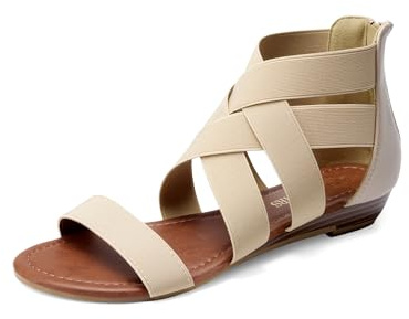 DREAM PAIRS Elastic Strappy Flats Sandals Womens Open Toe Summer Beach Low Wedges Shoes ELASTICA8,Size 8,Nude,ELASTICA8