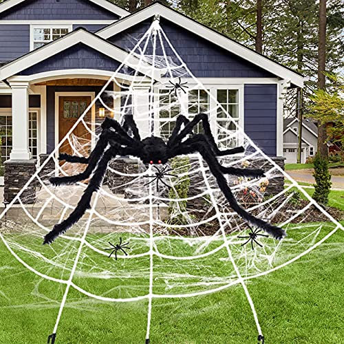 Halloween Decorazioni, Halloween Ragno 90cm+ Ragnatela 5m+ Gancio 1pcs+ Chiodo 5pcs, Set di ragnatele di Halloween, Halloween Peluche Ragno, Ragno Finto, Halloween Decorazioni Giardino