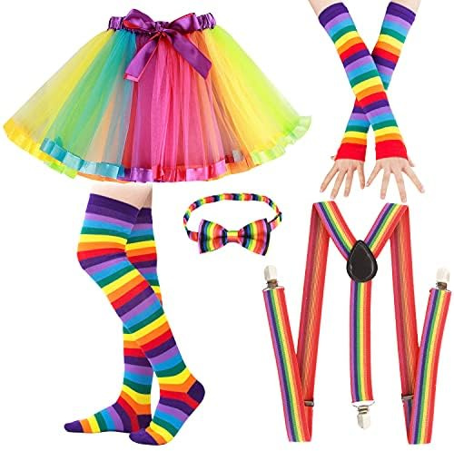 M MUNCASO Ensemble Déguisement Années 80 Filles Arc-en-Ciel Tutu, Noeud Papillon Jarretelles Jambières Bas Gants Ensemble, Femme Adulte Années 80 Costume Ensemble pour Soirée Soirée Cosplay Nuit