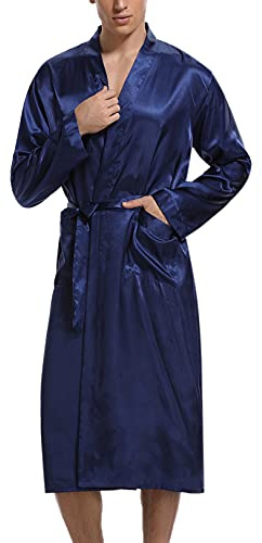 Irdcomps Herrmorgonrock i satin, kimono, morgonrock, lång morgonrock, lätt siden, nattkläder, pyjamas för män med bälte S–XXL