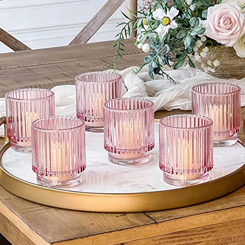 Kate Aspen Teelichthalter aus geripptem Glas, 6 Stück, rosa Dekor, Boho-Dekor, Regaldekoration, Roségold-Optik, perfektes Gastgebergeschenk