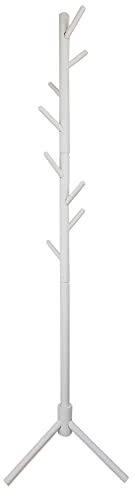 keypak Wooden Coat Stand, Freestanding Coat Rack, 8 Hooks, Adjustable Height, Hallway Coat Tree for Hanging Clothes, Jackets, Bags, Hats (White)
