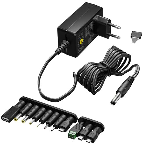 goobay 64569 universell strömförsörjning 3 V – 12 V, max. 18 W/DC växeladapter, ersättning strömförsörjning för TV, router, LED-remsor, variabel spänning/USB C, USB A, Micro USB/inkl. 11 adapter/svart