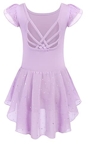 Arshiner Ballettkleidung Mädchen Rückenfrei Ballettkleid Kurzarm Tanzkleidung Lila Baumwolle Balletttrikot Rundhals Tanzbody mit UnregelmäßIges Ballett Tutu 150/7-8 Jahre