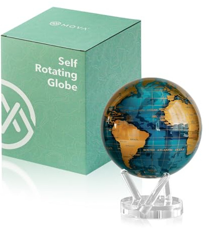 MOVA Mappamondo blu e dorato da 21,6 cm con base, globo rotante ad energia solare, senza bisogno di batteria o alimentazione, regalo unico e decorazione