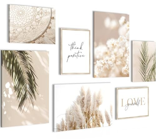 Novart Tableaux Decoration Murale Ensemble Boho Herbe de Pampa Tabloeau - PRÊT À ÊTRE ACCROCHÉ - Aucun Cadre Nécessaire - Chambre Salon Cuisine - N005872a